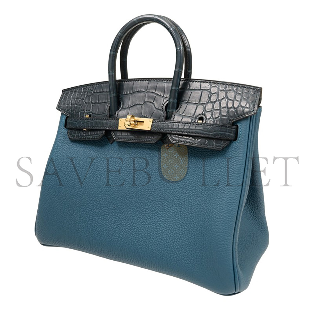H**mes master birkin 25 crocodile and togo leather storm blue gold buckle h076216ck35 (25*20*13cm)